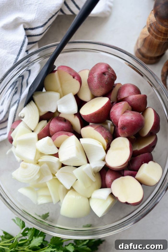 Zesty Dijon Roasted Redskin Potatoes 7 add redskin potatoes and chopped onion to bowl