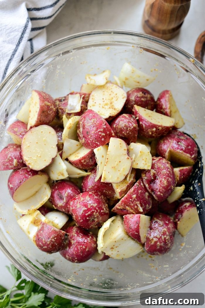 Zesty Dijon Roasted Redskin Potatoes 8 toss with the garlicky dijon