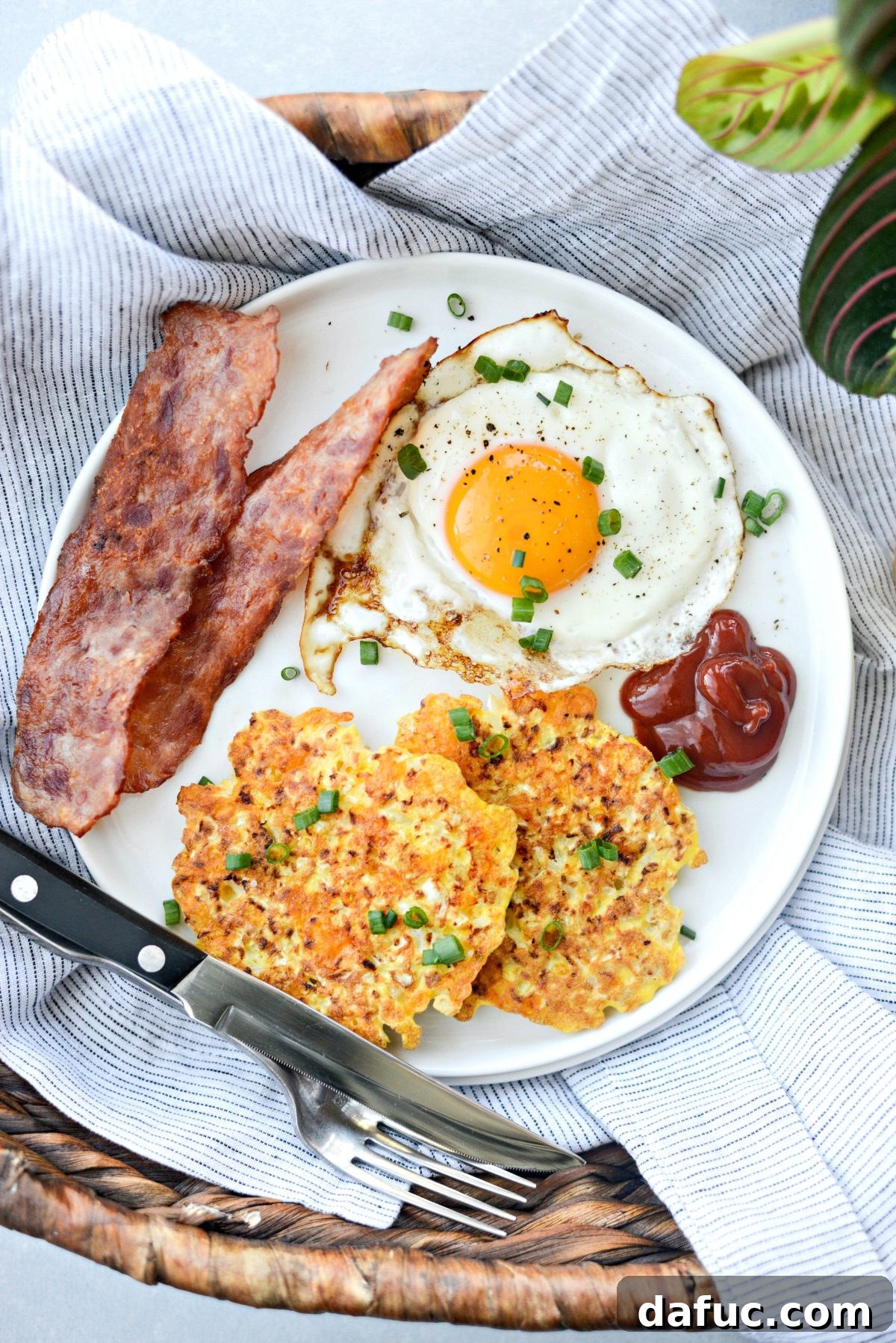 Golden Crispy Cauliflower Hash Browns 11 Cauliflower Breakfast Hash Browns served with eggs and bacon
