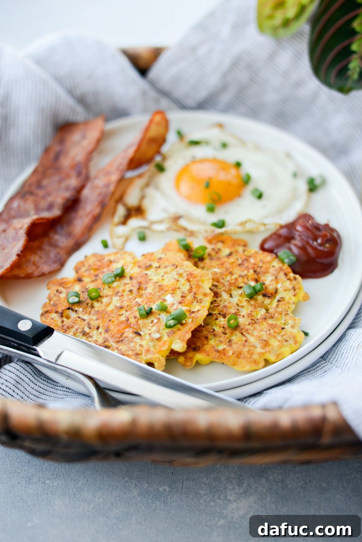 Golden Crispy Cauliflower Hash Browns 12 Cauliflower Breakfast Hash Browns with a sprinkle of green onion