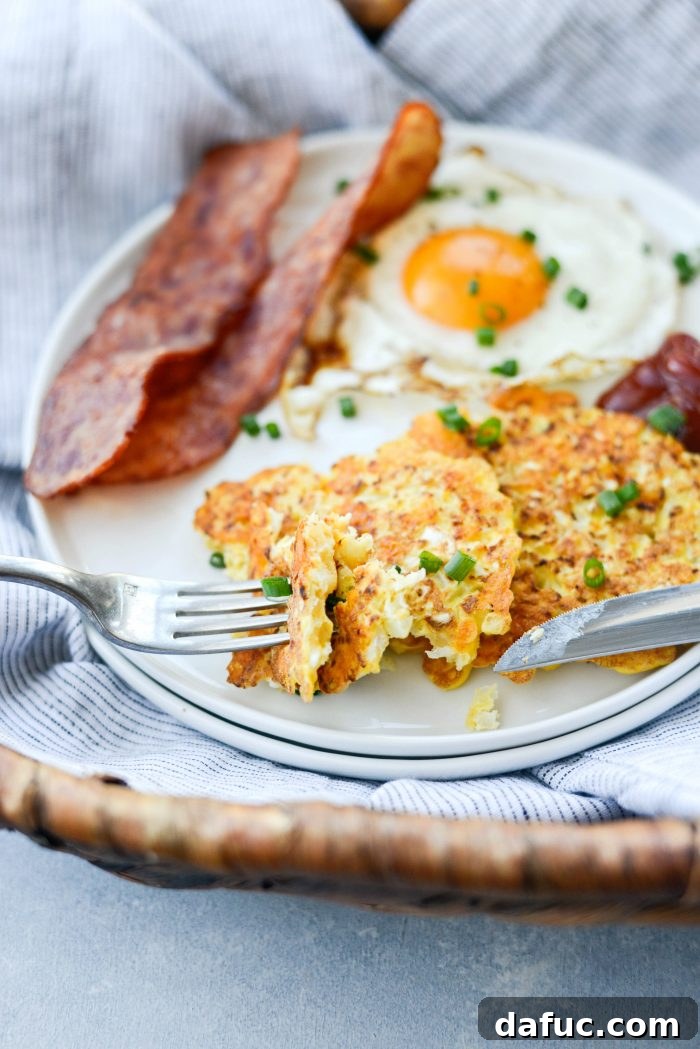 Golden Crispy Cauliflower Hash Browns 13 Cauliflower Breakfast Hash Browns close up