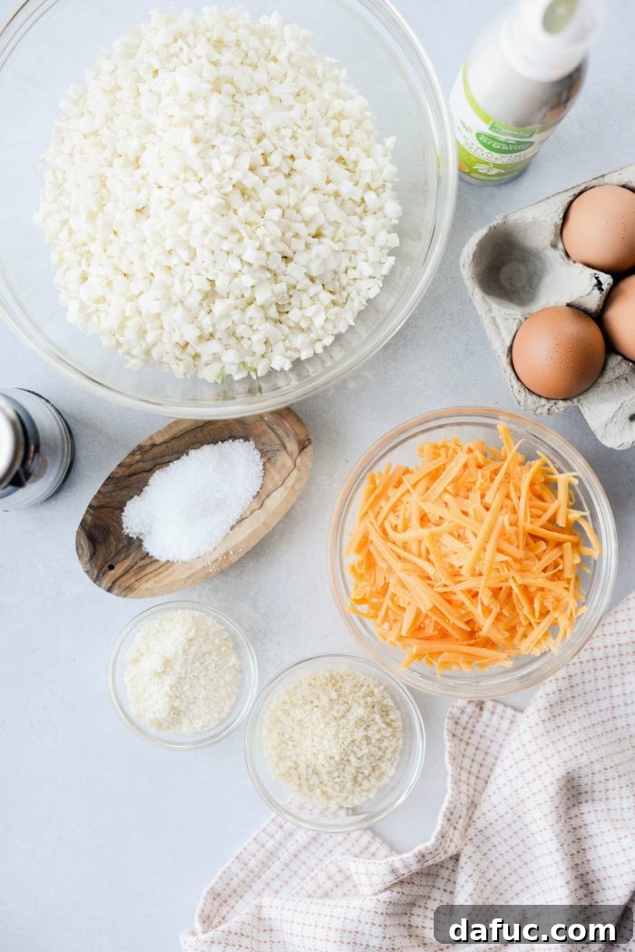 Golden Crispy Cauliflower Hash Browns 4 Cauliflower Breakfast Hash Browns ingredients laid out