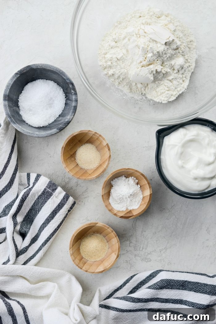 Simple ingredients for Greek Yogurt Pizza Dough laid out on a counter