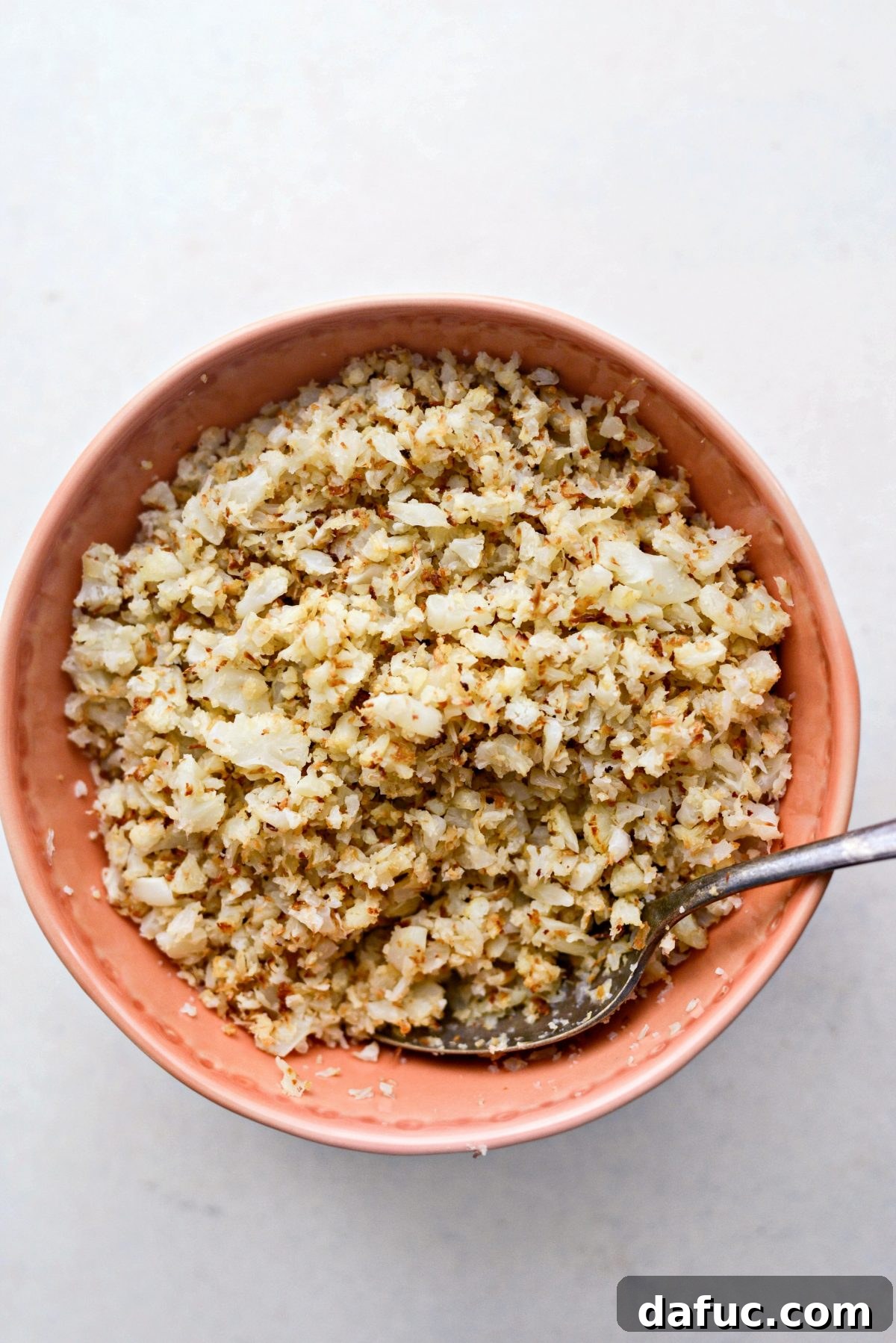 Crisp Roasted Cauliflower Grains 3 Close-up of roasted cauliflower rice ready to be served