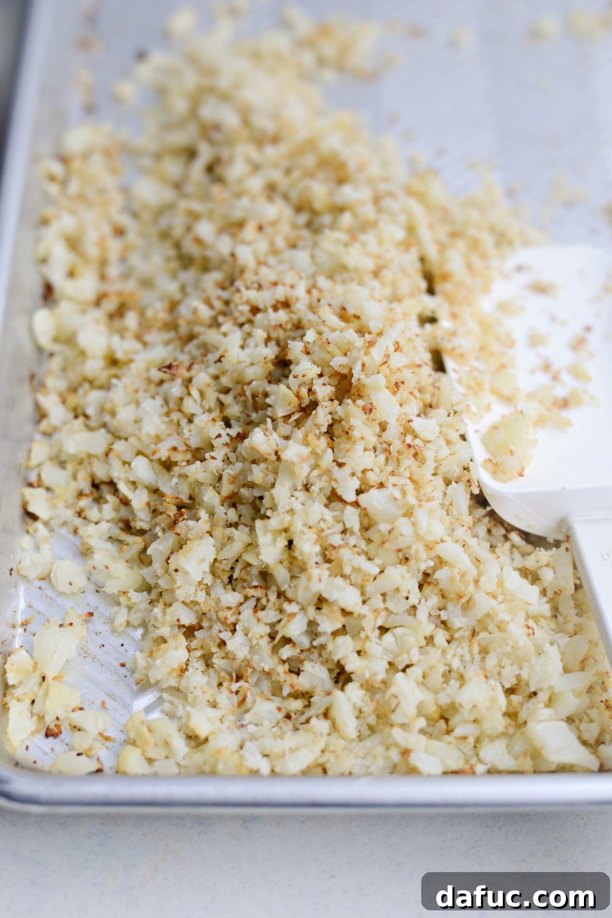 Crisp Roasted Cauliflower Grains 10 Full pan of finished roasted cauliflower rice