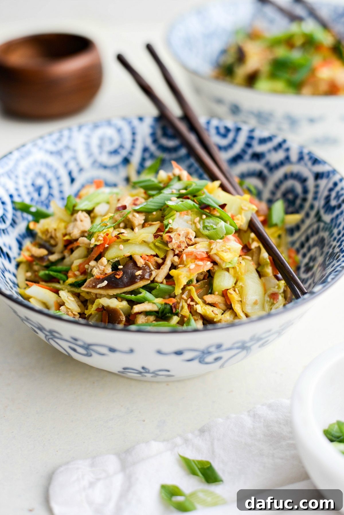 Chicken Egg Roll Bowl in blender patterned bowl