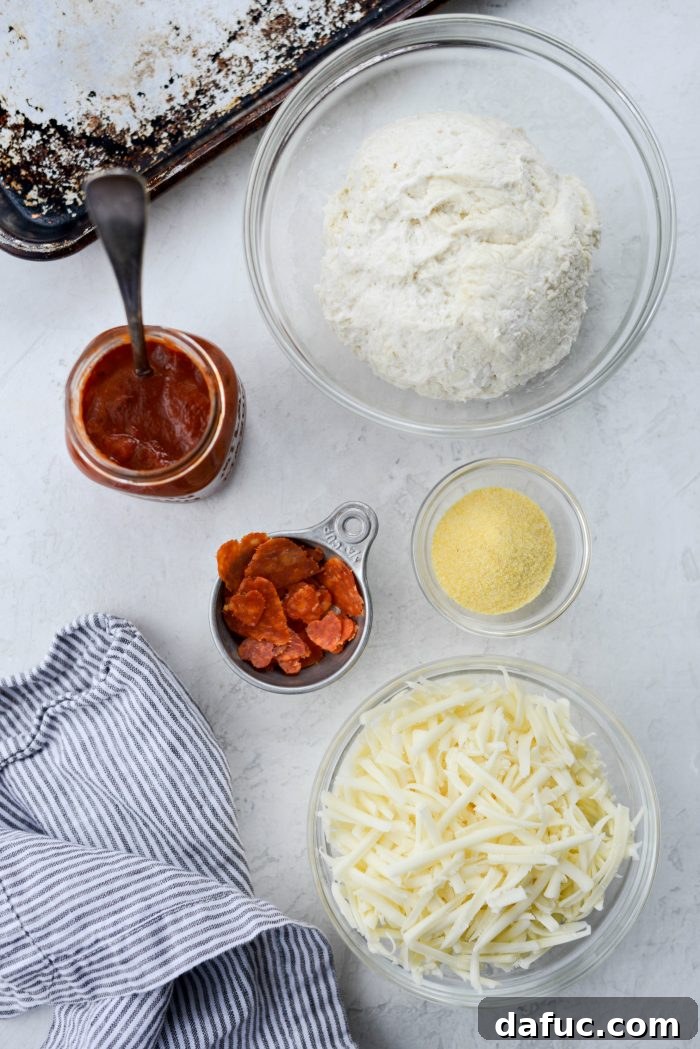 Sweetheart Pizza Treats 4 Ingredients laid out for making Heart Shaped Personal Pizzas including dough, sauce, cheese, and pepperoni