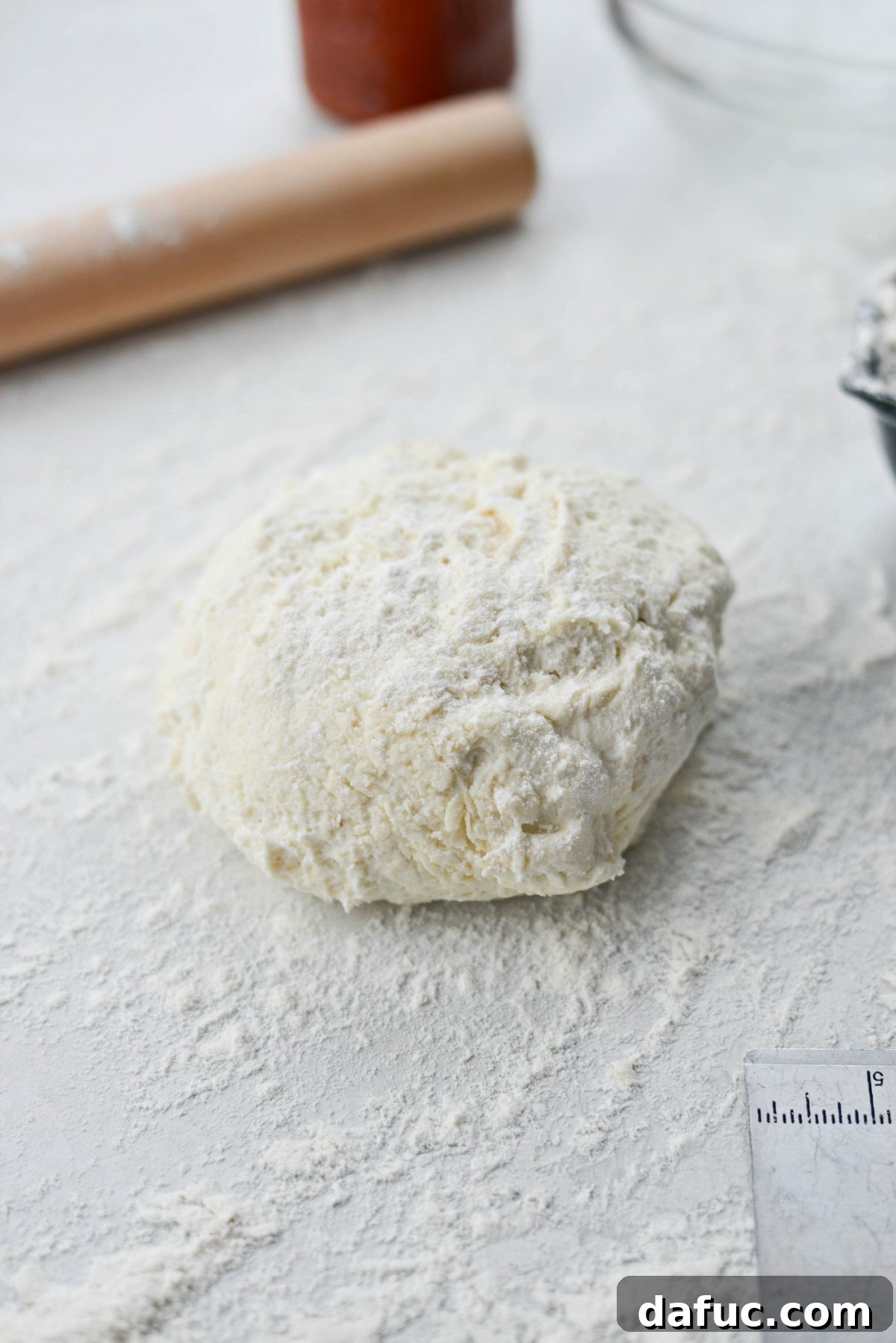 Sweetheart Pizza Treats 5 Floured Greek yogurt pizza dough ball ready for shaping into pizzas