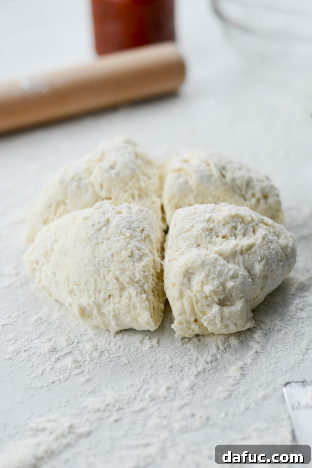 Sweetheart Pizza Treats 6 Four equal pieces of pizza dough, cut from a larger ball, ready for shaping