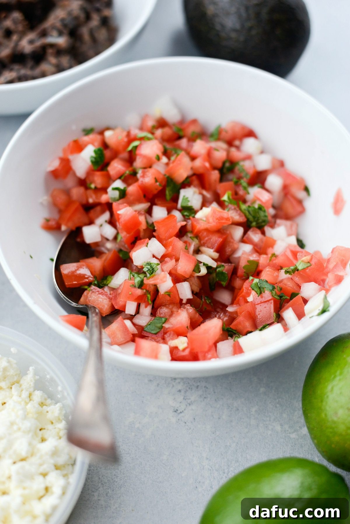 Close-up of freshly chopped pico de gallo in a bowl