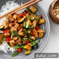 Kung Pao Chicken Stir-fry l SimplyScratch.com #kungpao #chicken #stirfry #zucchini #homemade #fromscratch #easy #healthy #rice #wok #chinese #takeout
