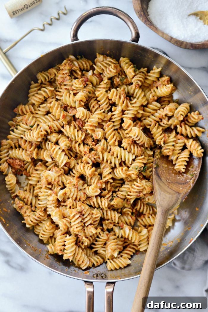 Golden Walnut & Sun-dried Tomato Pesto Pasta 15 Finished Sun-dried Tomato Walnut Pesto Pasta in the skillet, ready to be served
