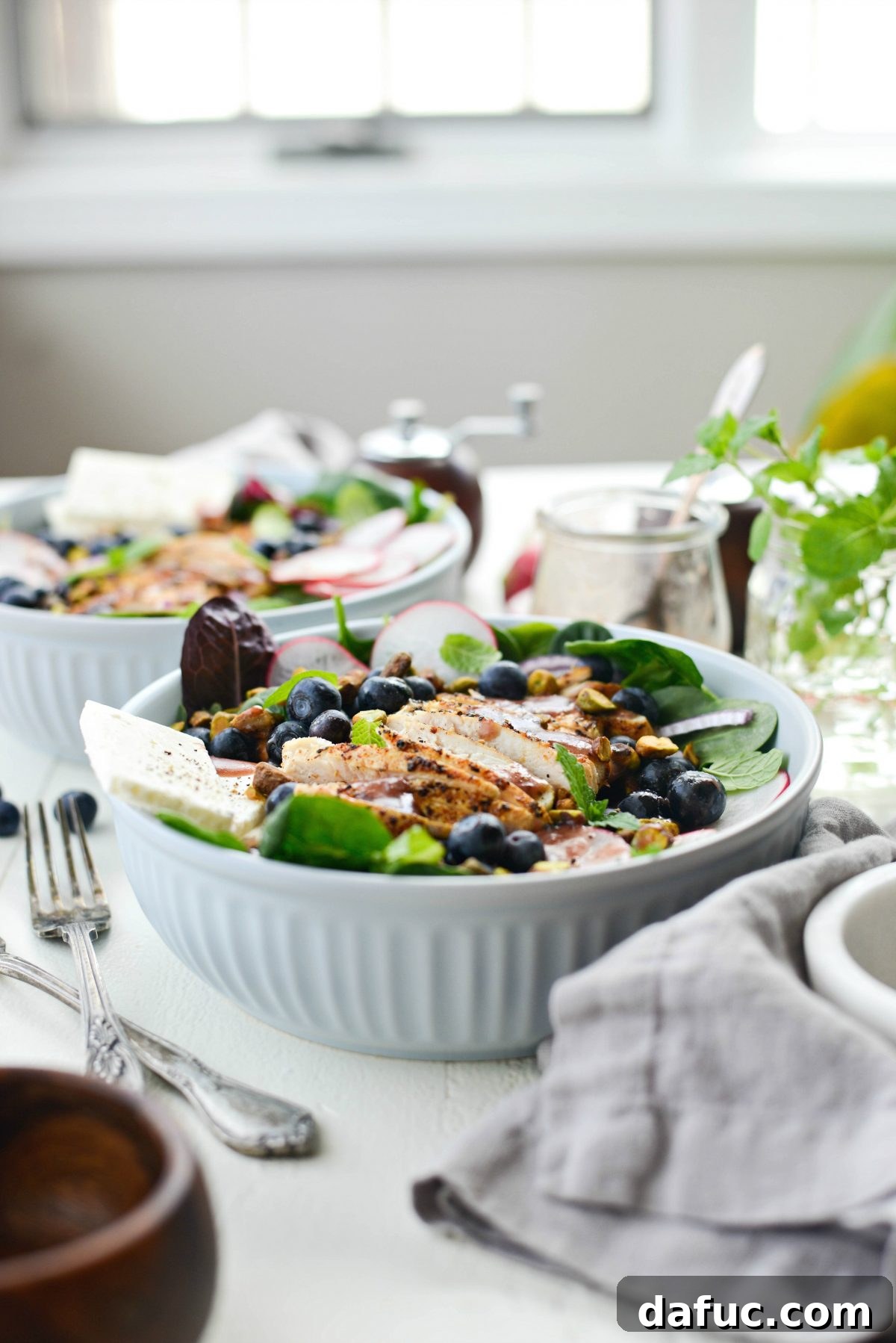 Top-down view of Chicken Blueberry Feta Salad, ready to be enjoyed