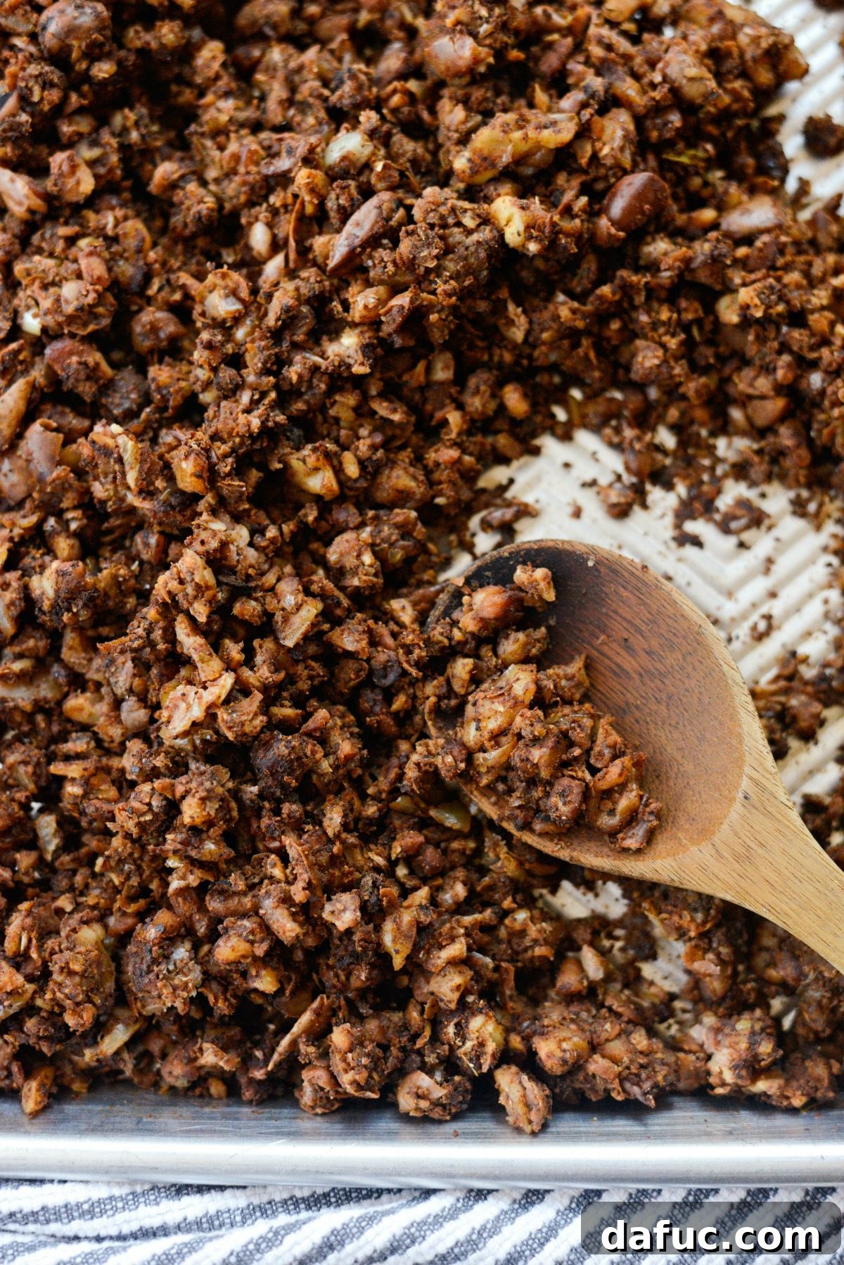 Close-up of baked Vegan Chorizo Crumbles, perfectly browned