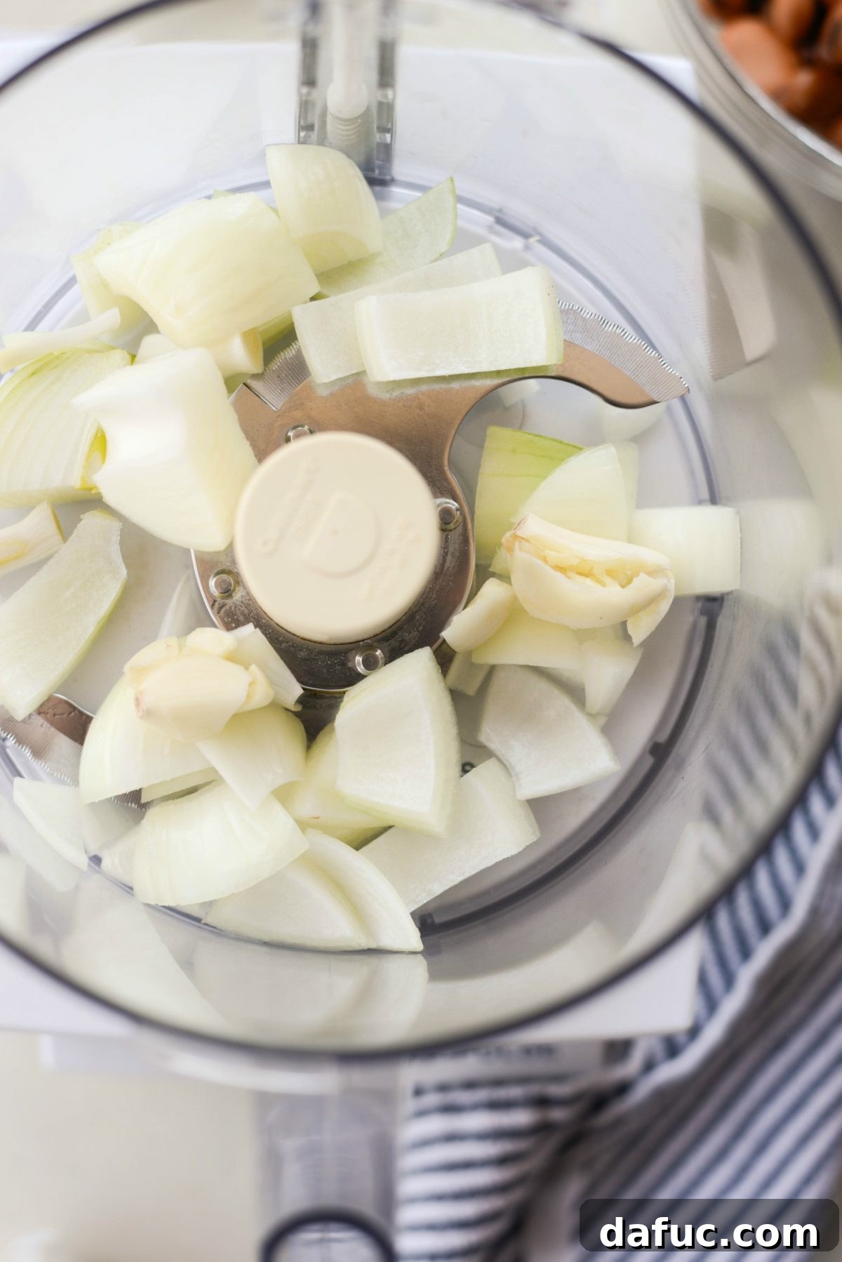 Coarsely chopped onion and garlic in a food processor
