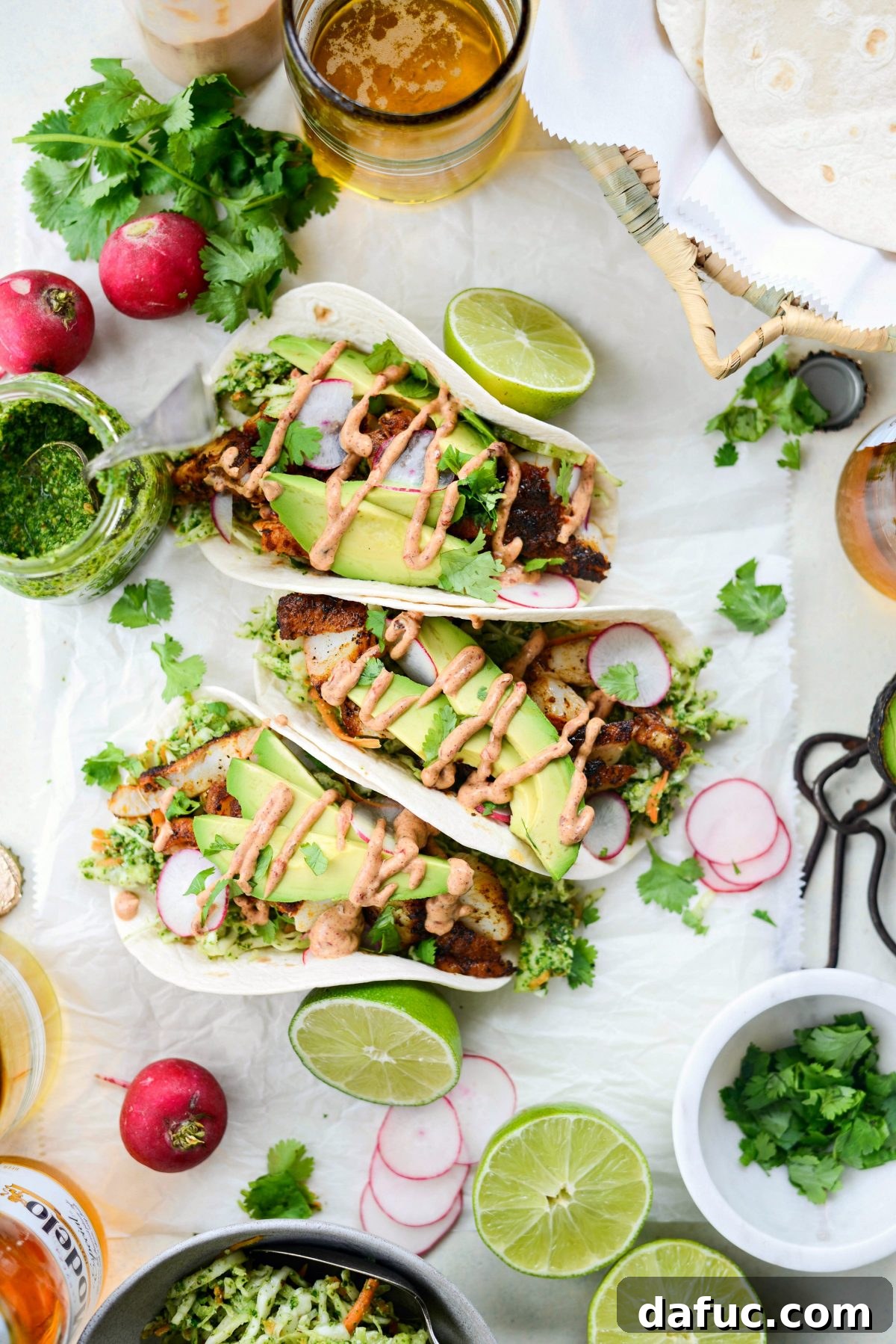 Close-up of freshly made Blackened Fish Tacos with all toppings