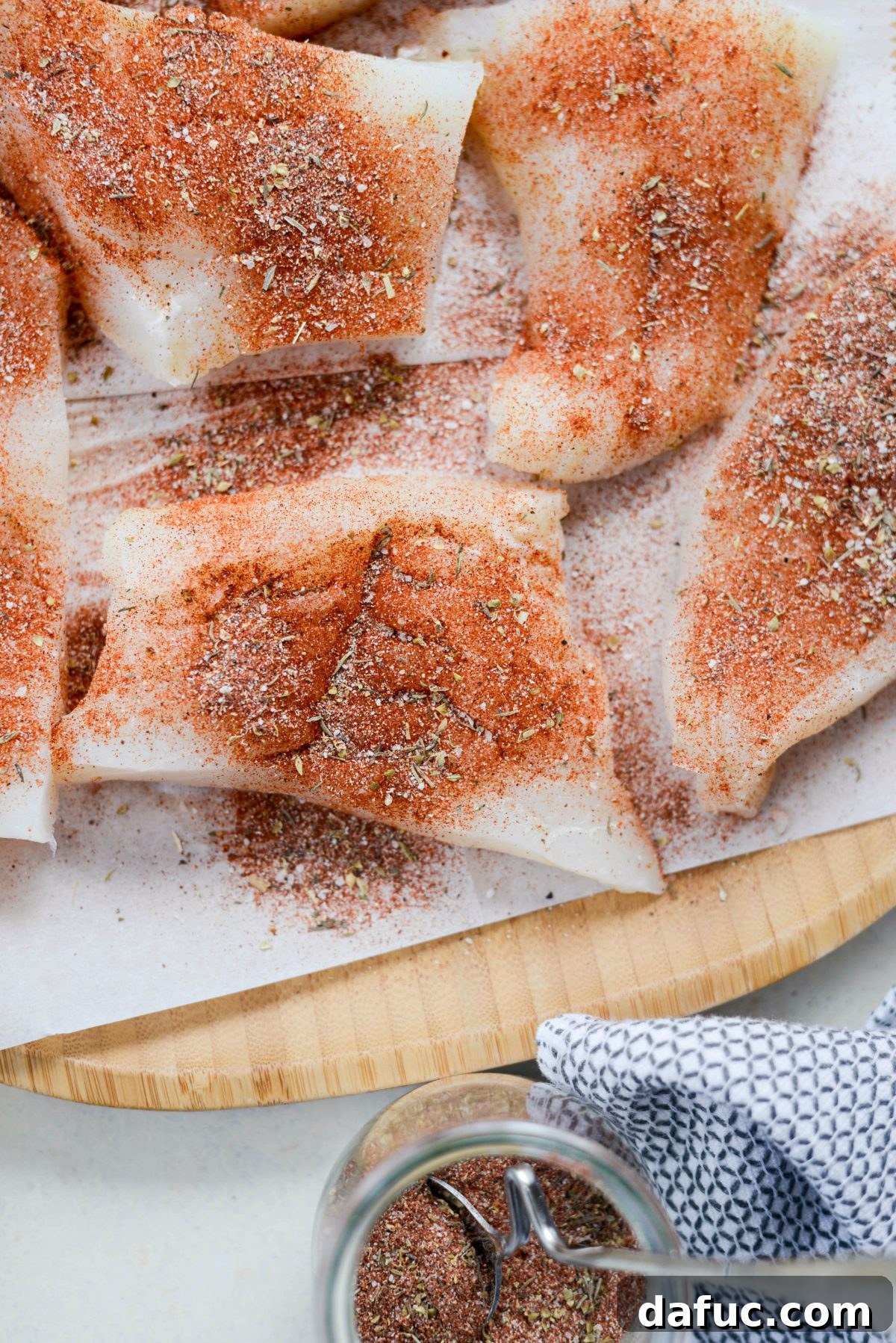 White fish fillets seasoned generously with blackened seasoning