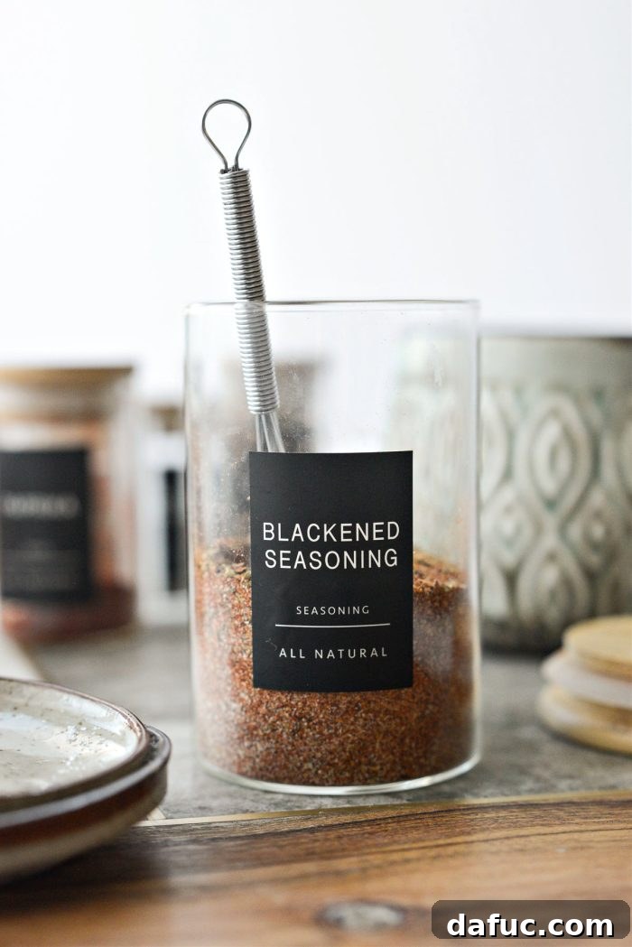Craft Your Own Blackened Rub 2 Freshly mixed Homemade Blackened Seasoning in a labeled jar, ready for use.
