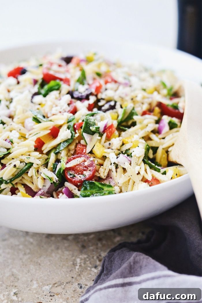 Vibrant Mediterranean Orzo Salad 12 Close up of Greek Orzo Salad with spinach and feta
