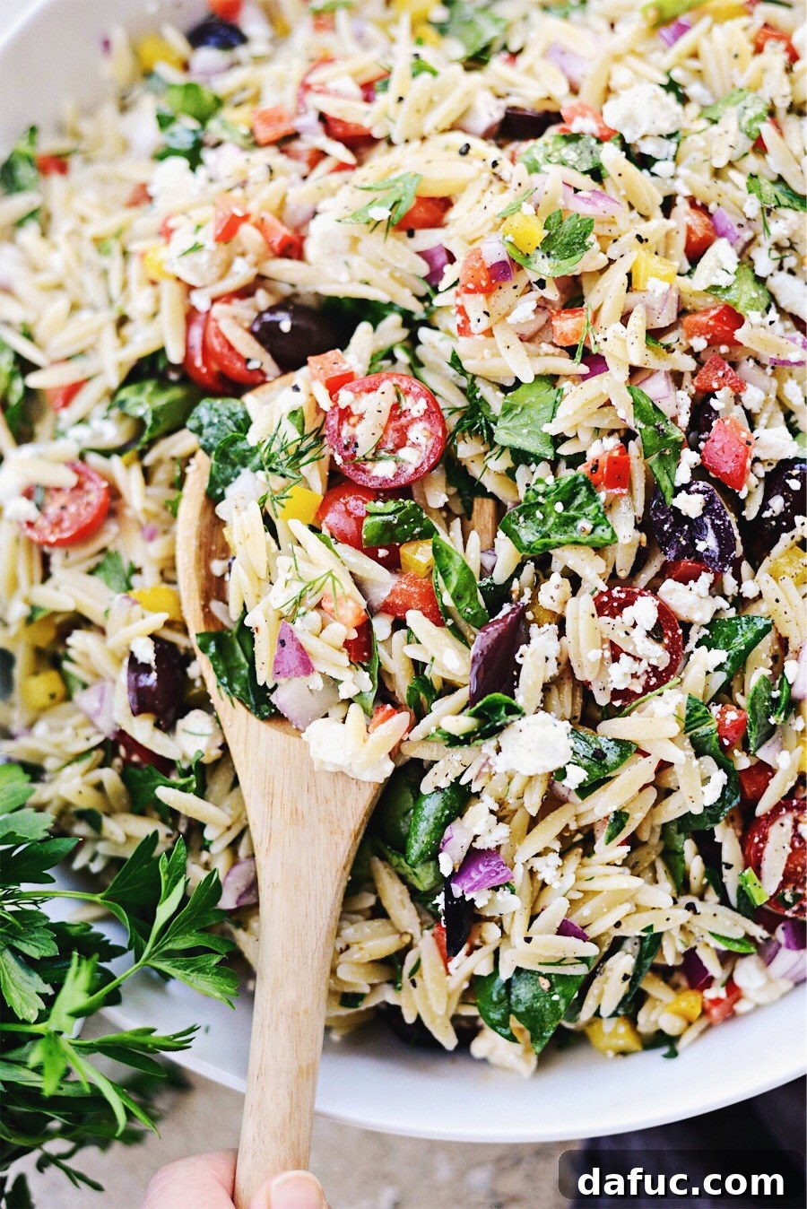 Vibrant Mediterranean Orzo Salad 14 Greek Orzo Salad with SimplyScratch.com branding and relevant hashtags