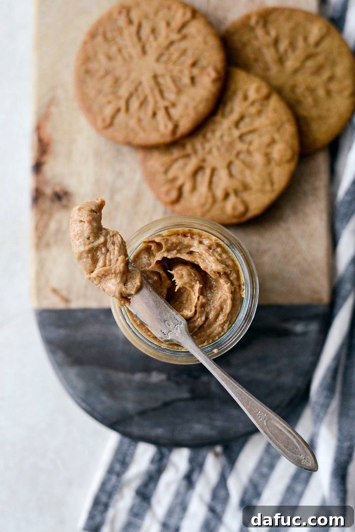 Craft Your Own Speculoos Cookie Butter 12 A close-up shot emphasizing the luxurious, smooth texture of the homemade Speculoos Cookie Butter.