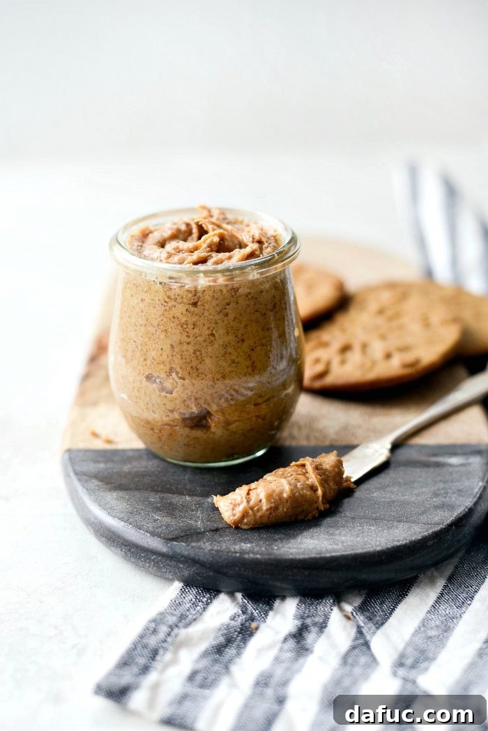 Craft Your Own Speculoos Cookie Butter 13 A beautifully styled shot of homemade Speculoos Cookie Butter in a jar, ready for serving or gifting.