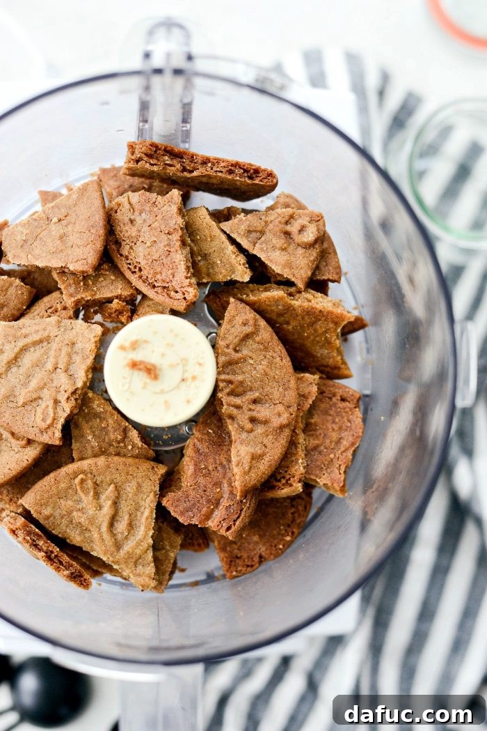 Craft Your Own Speculoos Cookie Butter 5 Freshly ground Speculoos cookie crumbs inside a food processor, perfectly fine and ready for the next step.