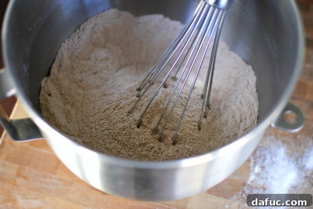 Timeless Red Velvet Cake 13 Whisking the dry ingredients together in a bowl, ensuring they are well combined and aerated before adding the wet components for the Red Velvet Cake.
