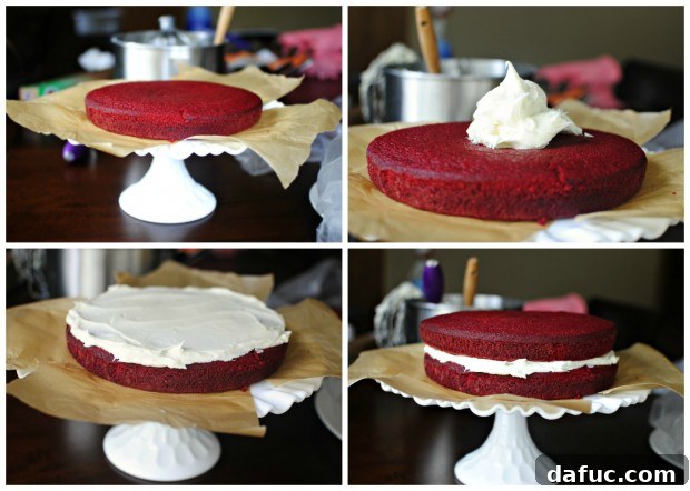 Timeless Red Velvet Cake 25 A collage showing the process of assembling a Red Velvet Cake, including frosting between layers and starting the crumb coat.