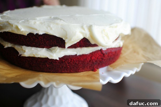 Timeless Red Velvet Cake 26 Applying a generous amount of cream cheese frosting over the top and sides of the assembled Red Velvet Cake layers.