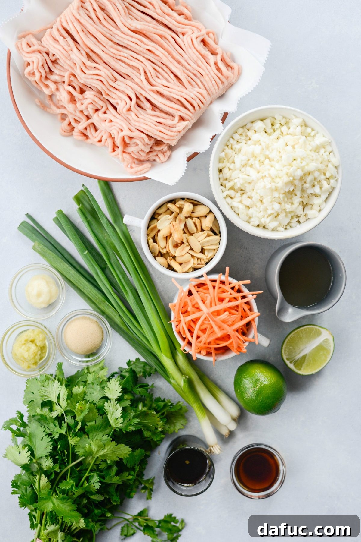 Fresh ingredients laid out for Quick Thai Chicken Cauliflower Rice Bowl preparation