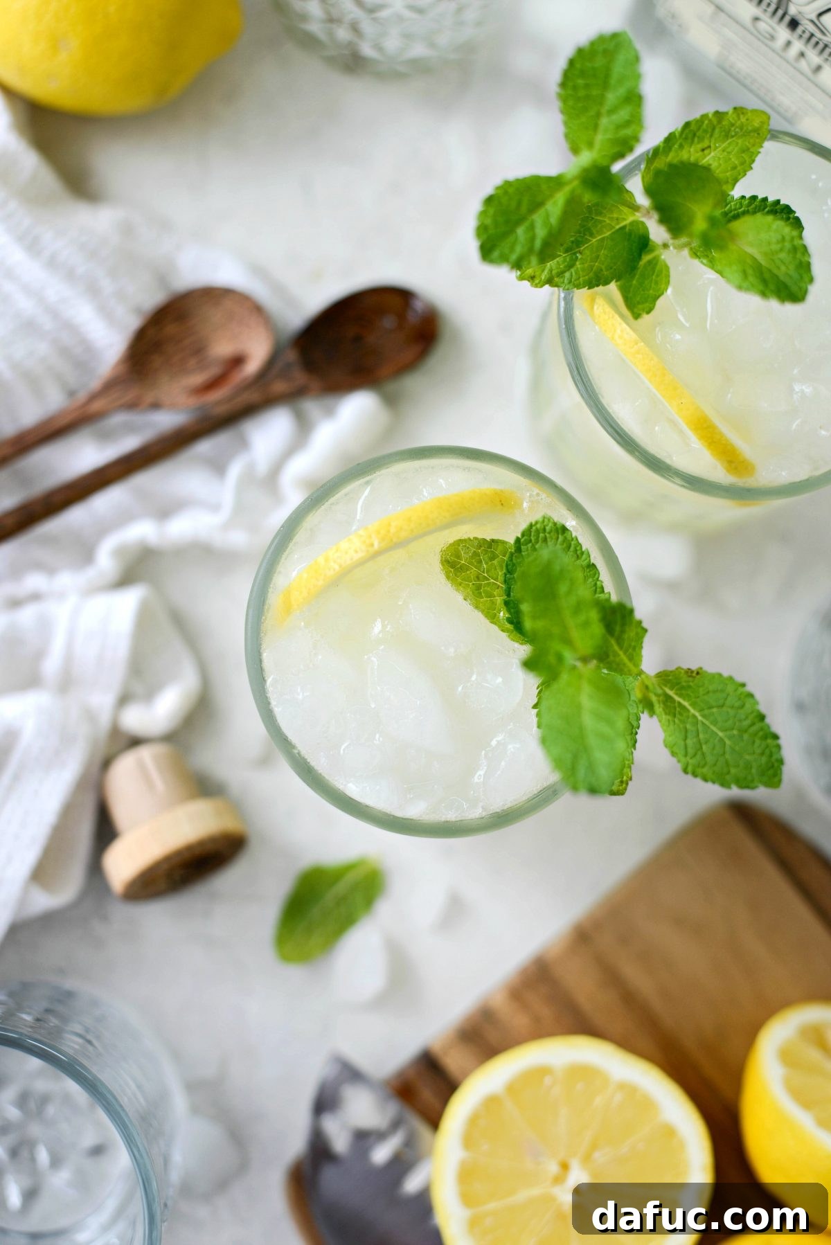 Overhead view of a perfectly mixed Lemon Gin Fizz cocktail, garnished and ready to serve
