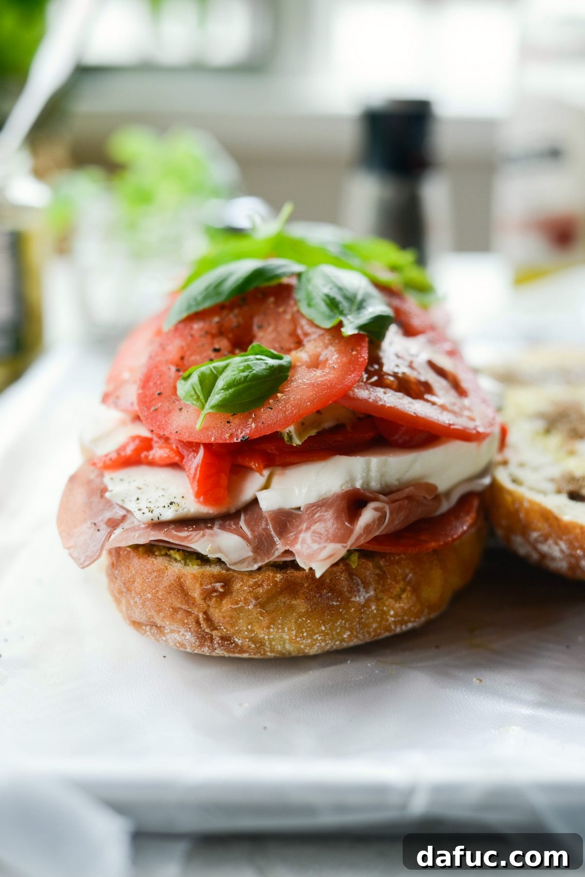 Pressed Italian Perfection 15 Side view of the open-faced sandwich, showing all the layers.