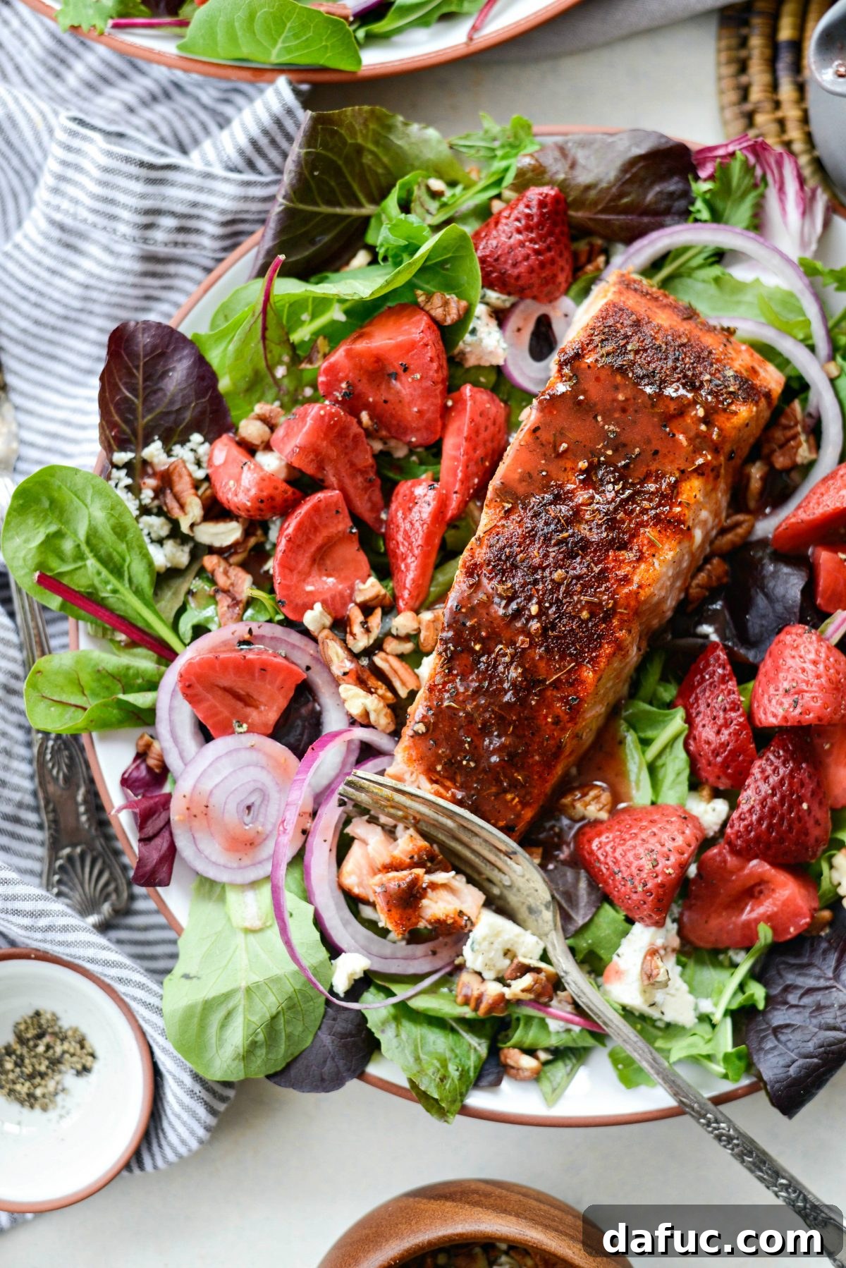Overhead shot of Blackened Salmon Salad, perfect for a healthy and flavorful meal.