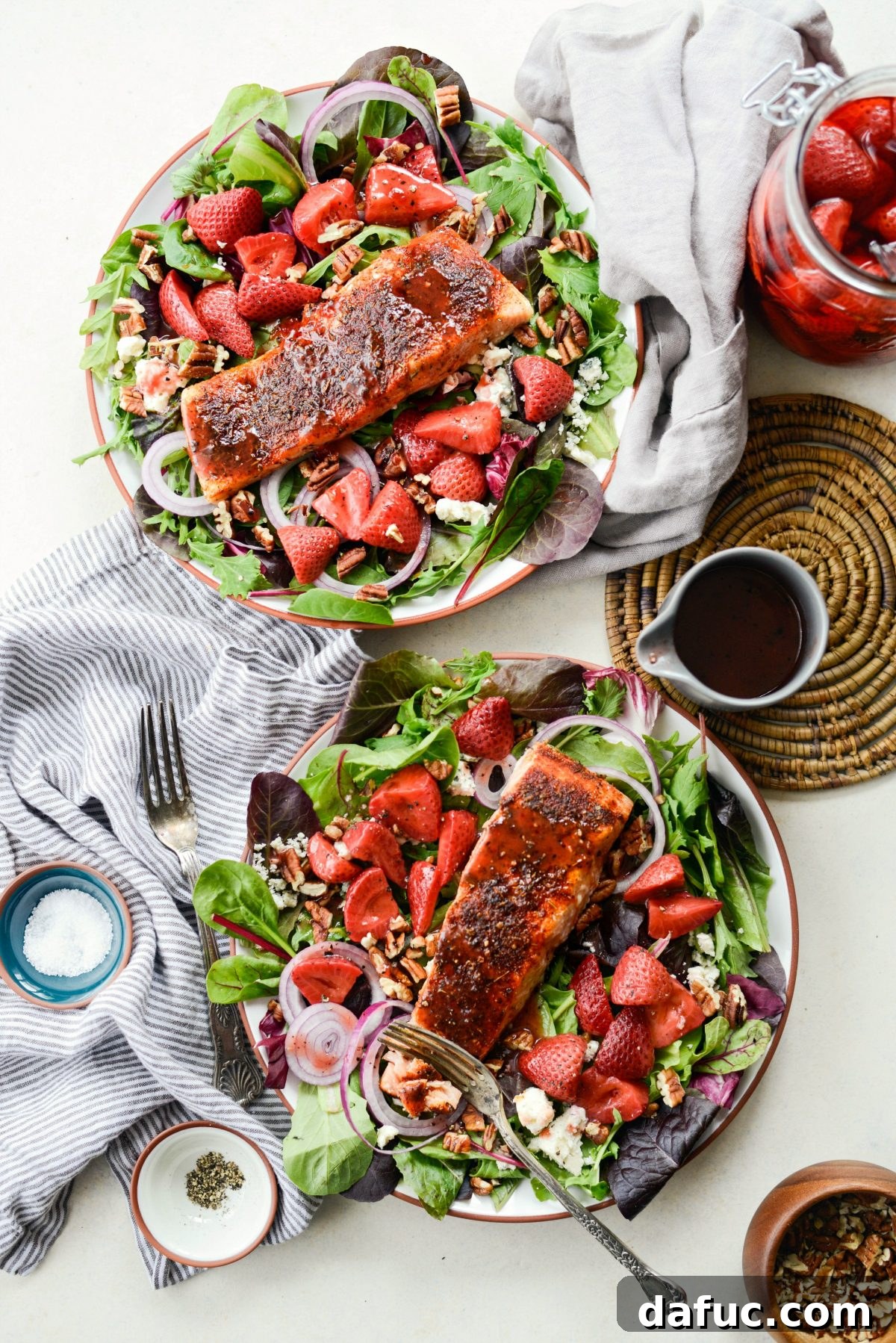 Promotional image for Blackened Salmon Salad with Strawberry Peppercorn Vinaigrette recipe.