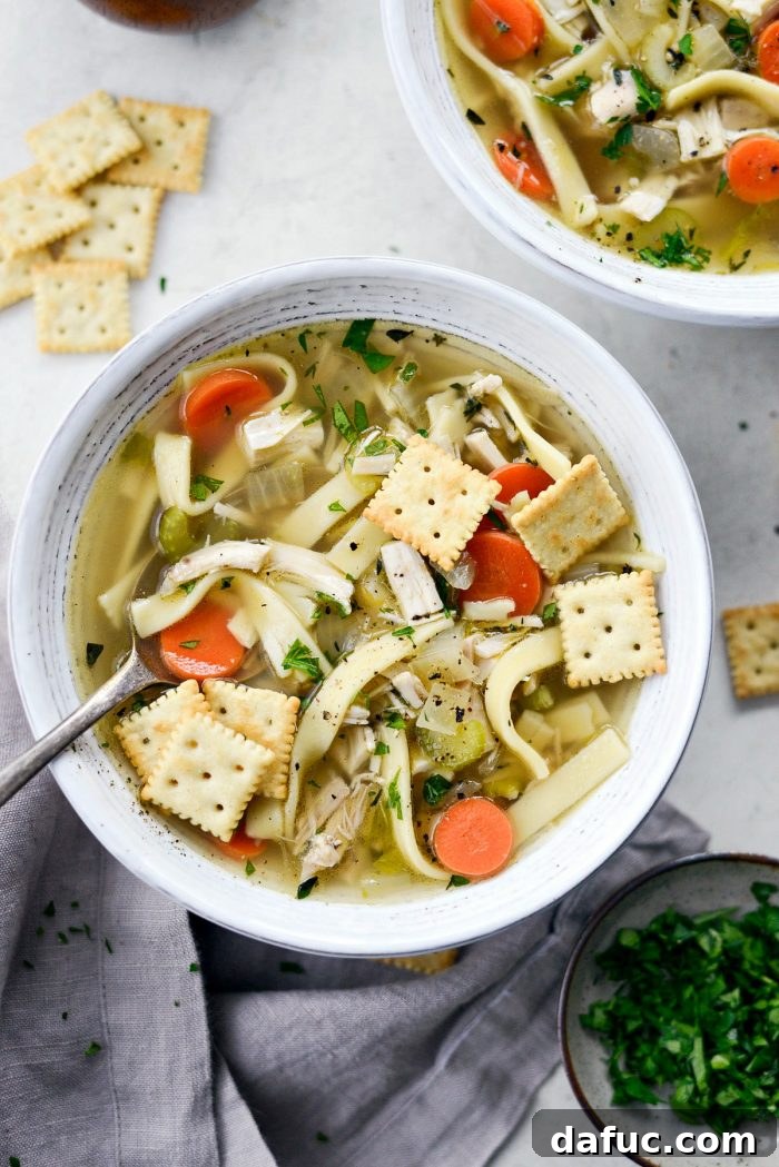 A close-up of the rich, comforting texture of homemade chicken noodle soup