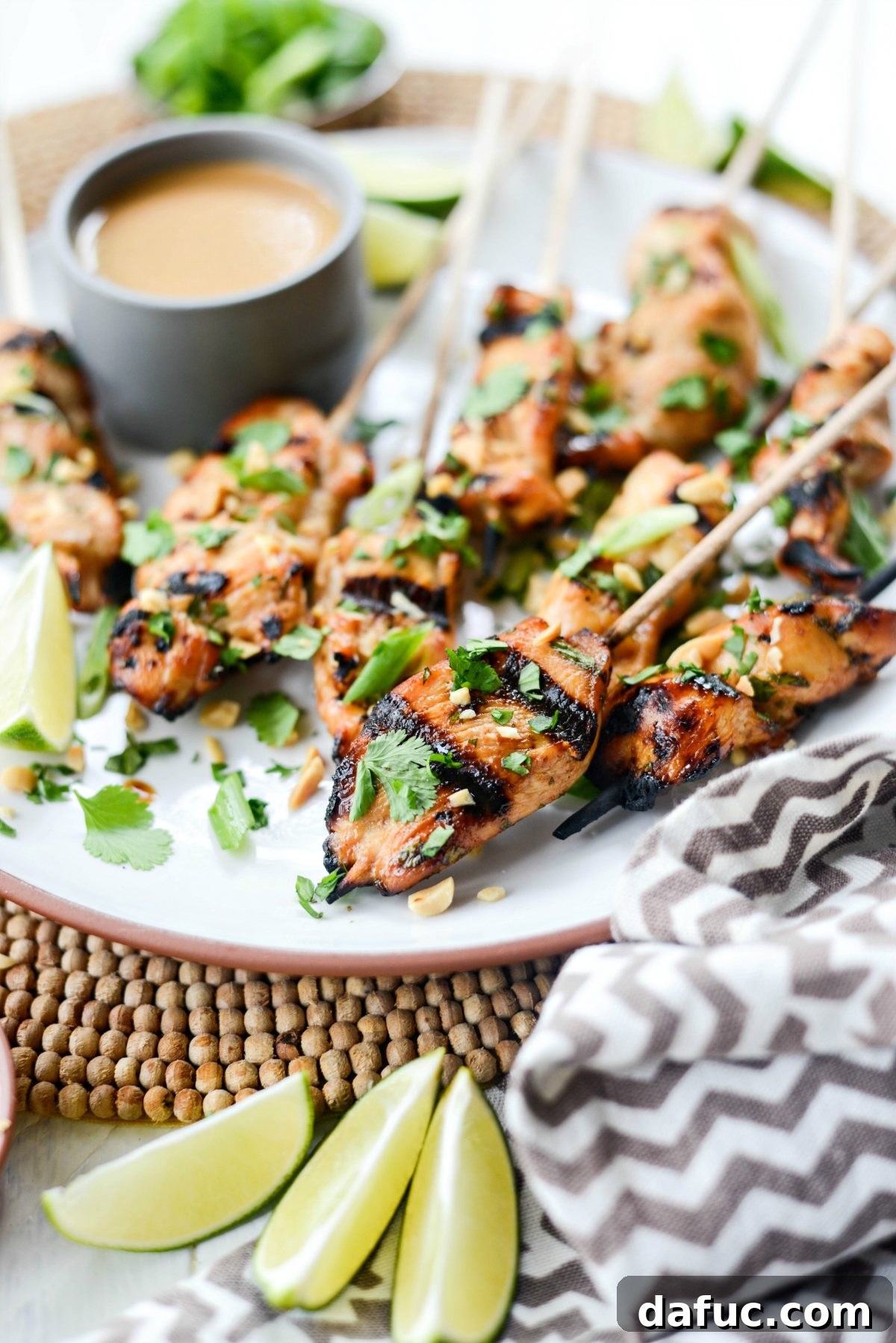 Thai Chicken Satay Skewers with Creamy Peanut Sauce 16 Close up shot of Chicken Satay with Thai Peanut Sauce highlighting the grilled texture and rich sauce