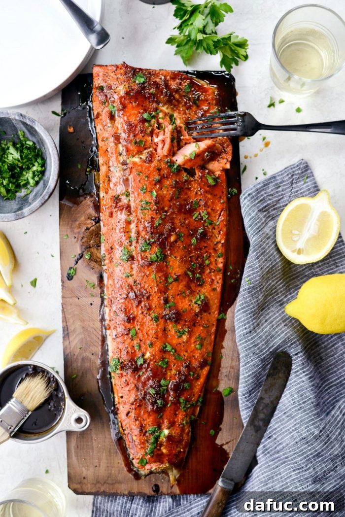 Signature Grilled Whiskey Glazed Cedar Plank Salmon 19 Final plated grilled whiskey glazed cedar plank salmon, ready to be enjoyed
