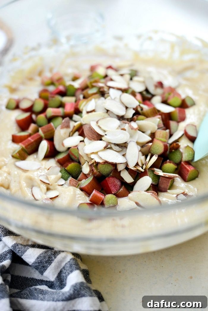 Luscious Rhubarb Almond Bake 13 Adding dry ingredients to wet batter