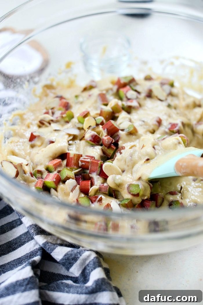 Luscious Rhubarb Almond Bake 14 Adding buttermilk to cake batter