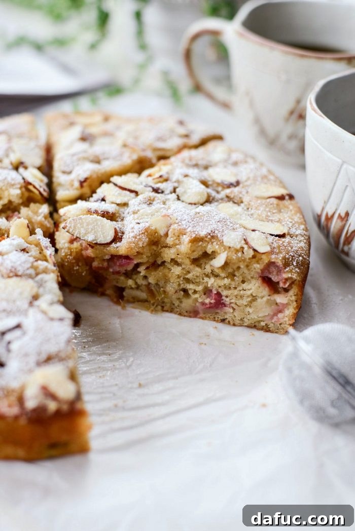 Luscious Rhubarb Almond Bake 3 Close-up of Rhubarb Almond Cake showcasing its moist texture