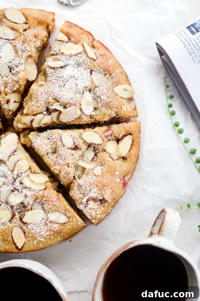 Luscious Rhubarb Almond Bake 26 Close-up of Rhubarb Almond Cake slice