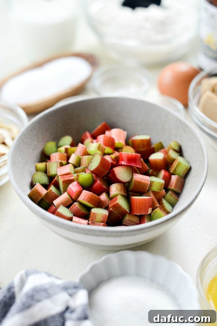 Luscious Rhubarb Almond Bake 5 Freshly diced rhubarb for baking