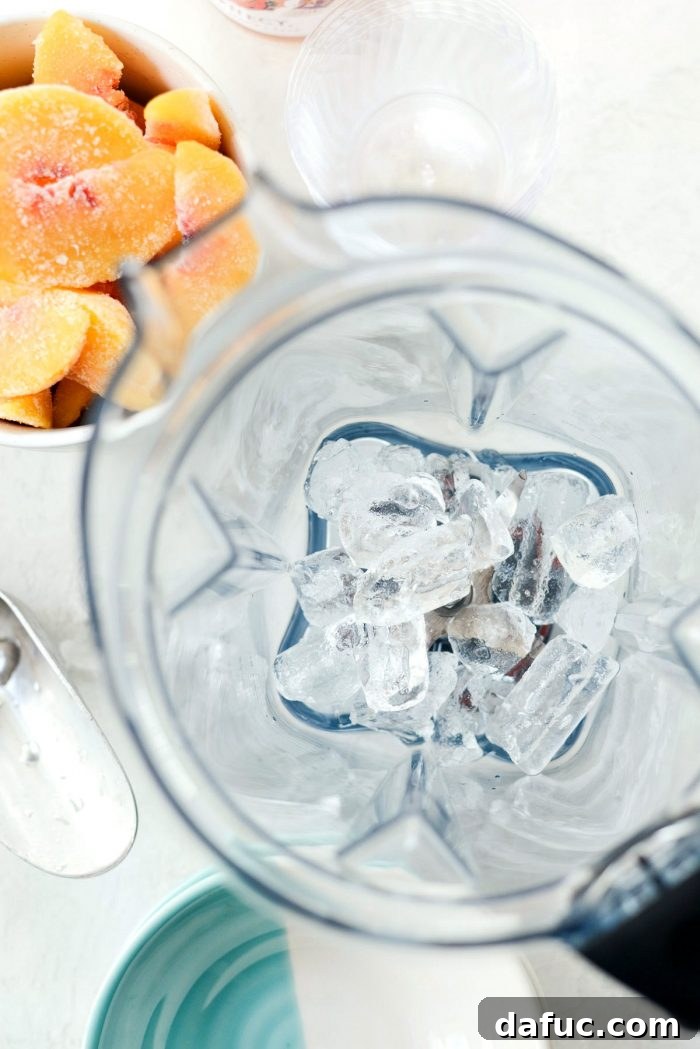 Blushing Peach Dream 5 Ingredients for Peach Frosé laid out: frozen peaches, a bottle of rosé wine, and ice.