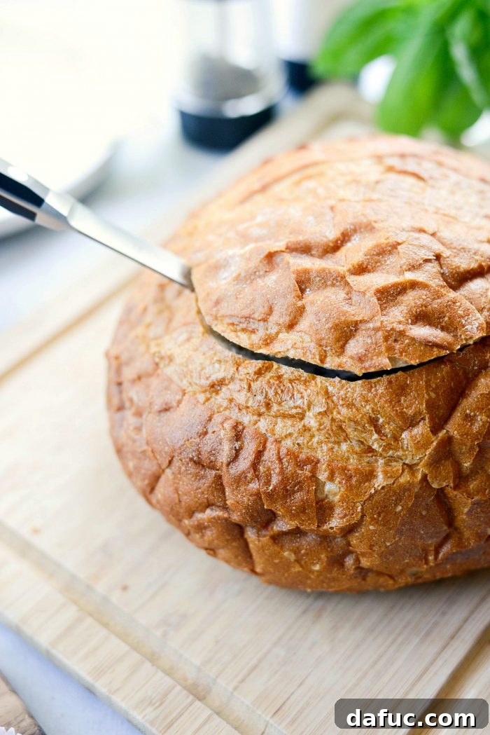 Golden State Club Loaf 5 The hollowed-out bread boule, ready for layering ingredients.