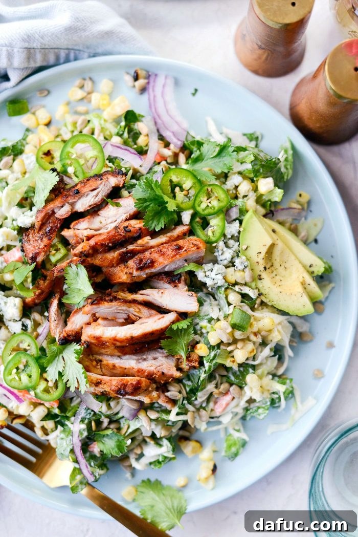 Zesty BBQ Chicken Slaw Summer Bowl 14 Summer Coleslaw BBQ Chicken Salad with a close-up on the chicken and corn