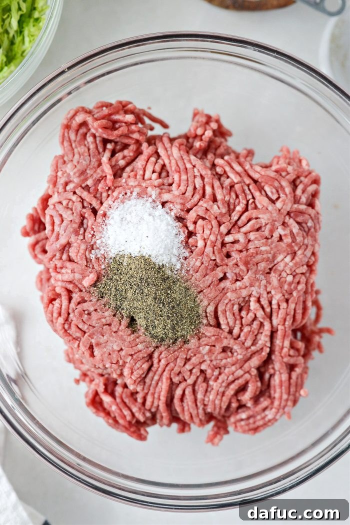 Mac Mini Bites 8 Ground beef seasoned with kosher salt and black pepper in a mixing bowl.