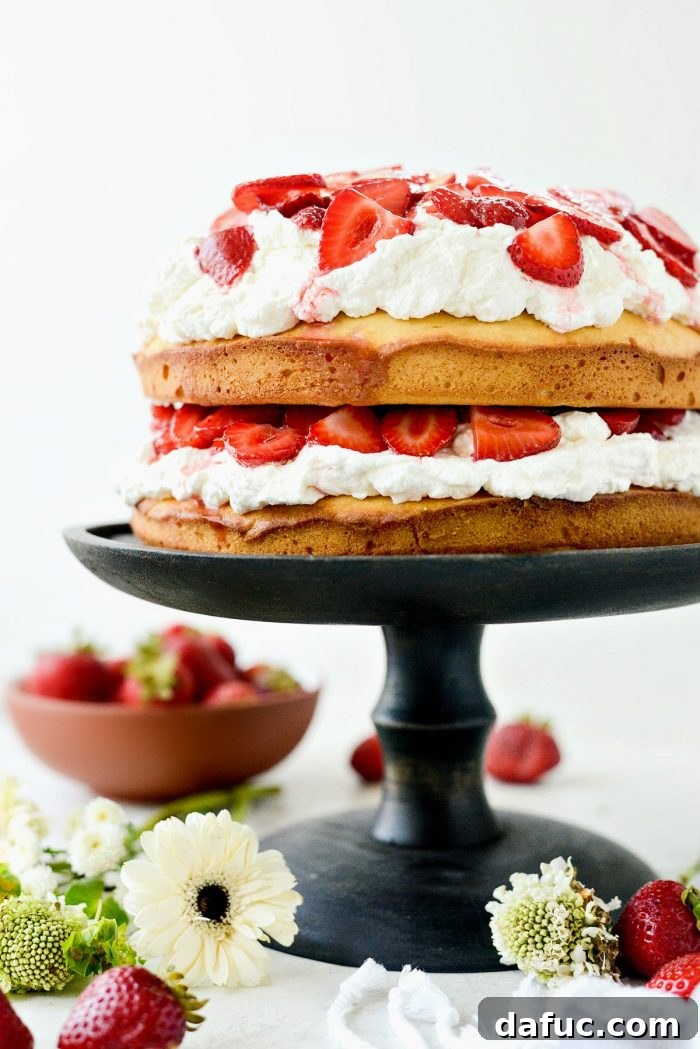 Fresh Strawberry Shortcake 3 Delicious layered Strawberry Shortcake Cake recipe on SimplyScratch.com. Features buttermilk pound cake, sweet macerated strawberries, and fluffy homemade whipped cream.