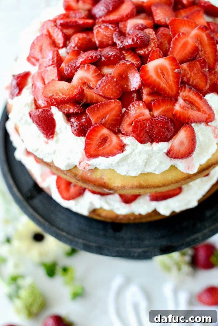 Fresh Strawberry Shortcake 27 Side view of the finished Strawberry Shortcake Cake, showcasing the distinct layers.