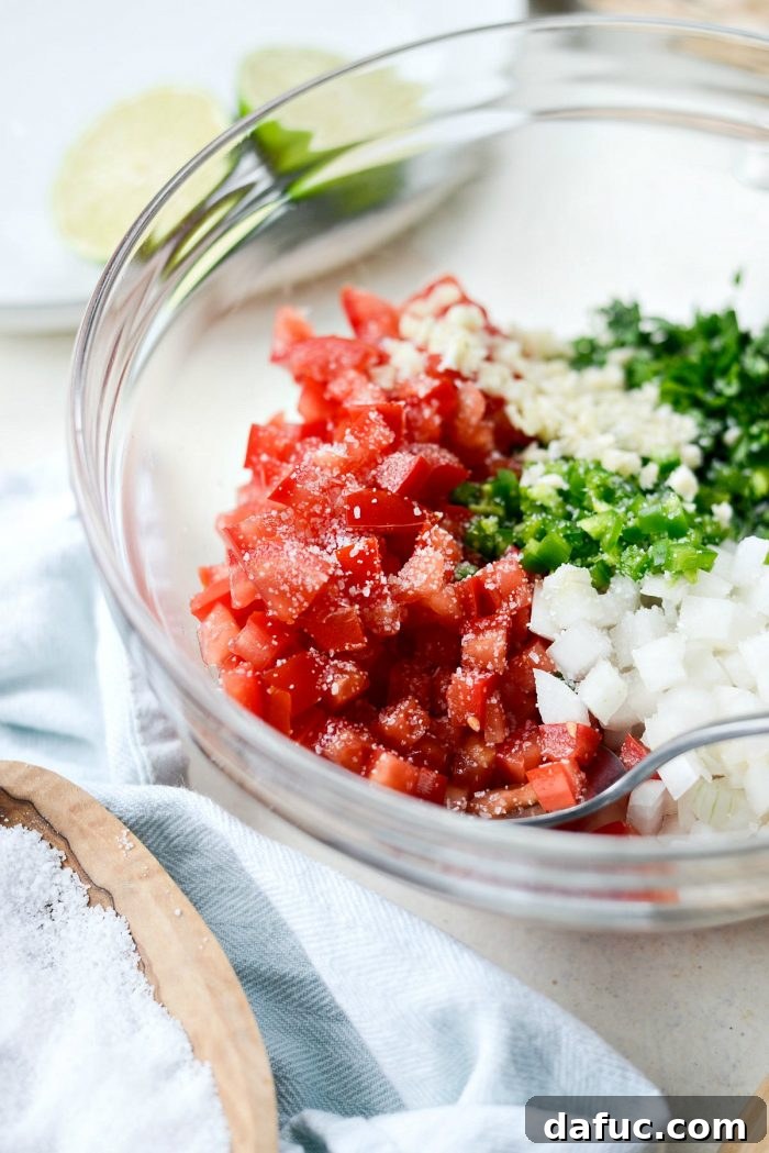 Easy Fresh Salsa 6 Diced Roma tomatoes, white onion, minced jalapeño, garlic, and chopped cilantro in a bowl, ready to be seasoned for Pico de Gallo. #dicing #preparation #freshsalsa